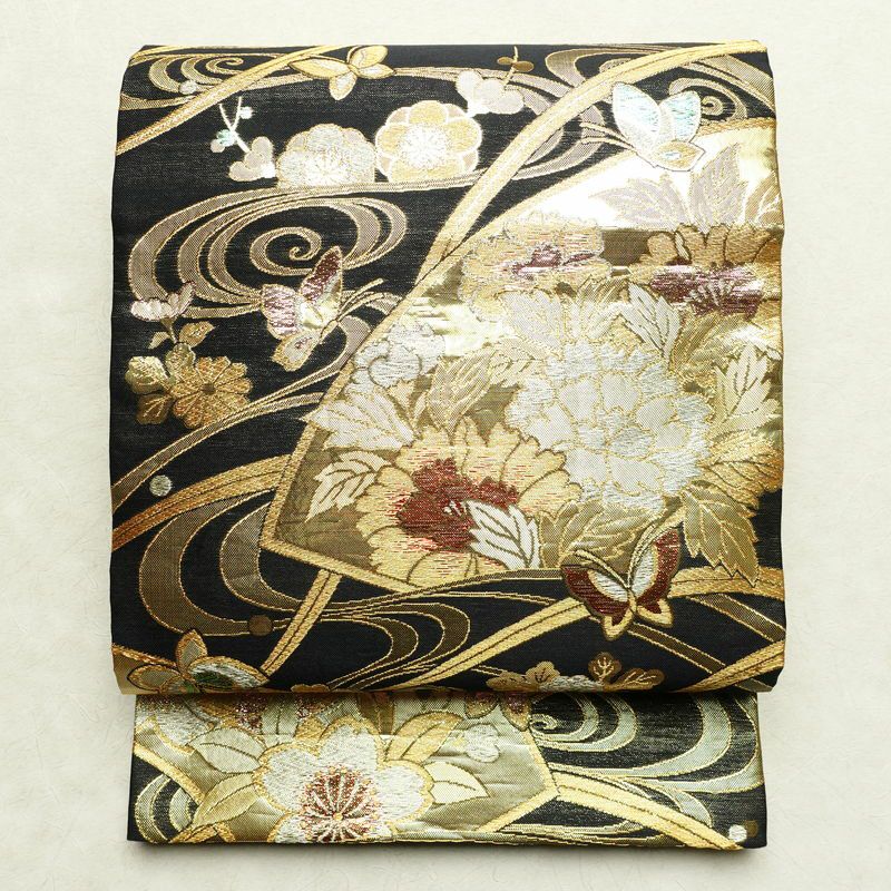 袋帯 六通柄 フォーマル用 正絹 古典柄 箔 桜 流水 金糸 帯 黒 | 六通  