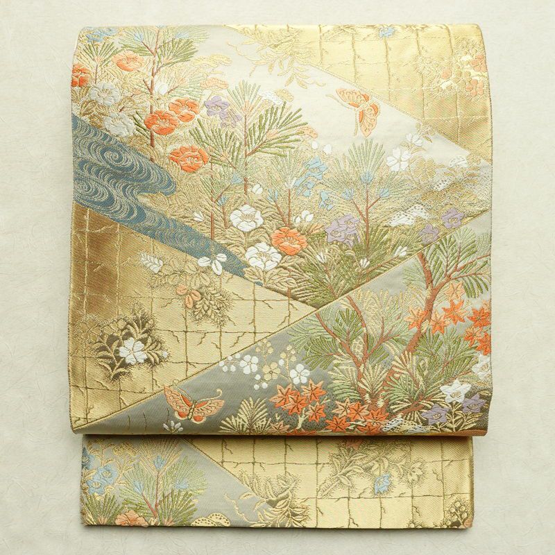 袋帯 服部織物 六通柄 フォーマル用 正絹 木の葉・植物柄 箔 金糸 帯 