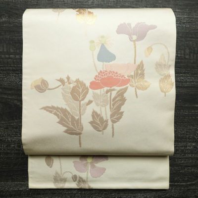 袋帯 全通柄 フォーマル用 正絹 花柄 帯 クリーム