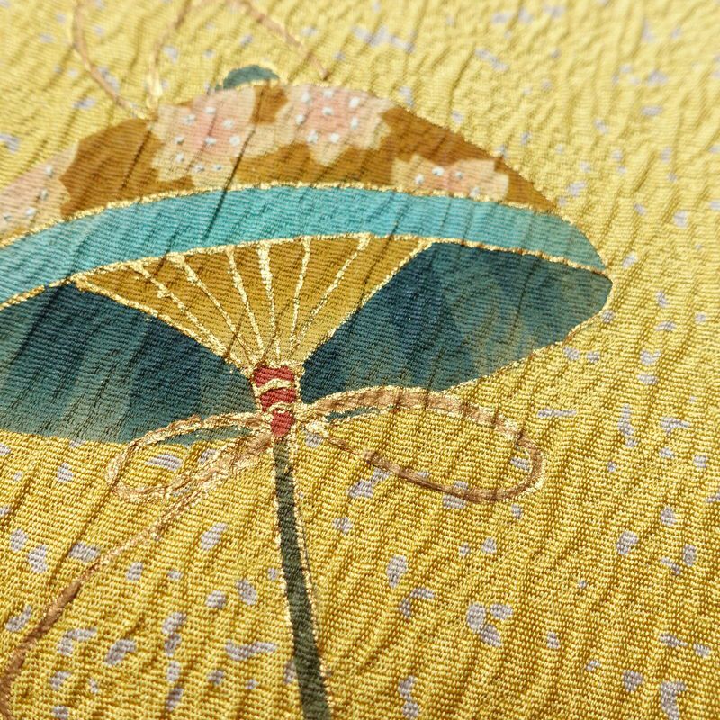 付け下げ 落款入り ふくれ織 縮緬 正絹 古典柄 袷仕立て 身丈163.5cm 裄丈66cm 箔 金彩 着物 緑・うぐいす色_画像7