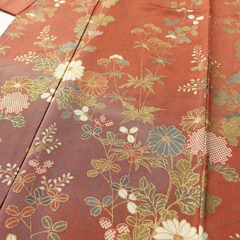 訪問着 良品 しつけ糸付き 縮緬 正絹 花柄 袷仕立て 身丈168cm 裄丈69cm 箔 金彩 フォーマル 着物 茶_画像5