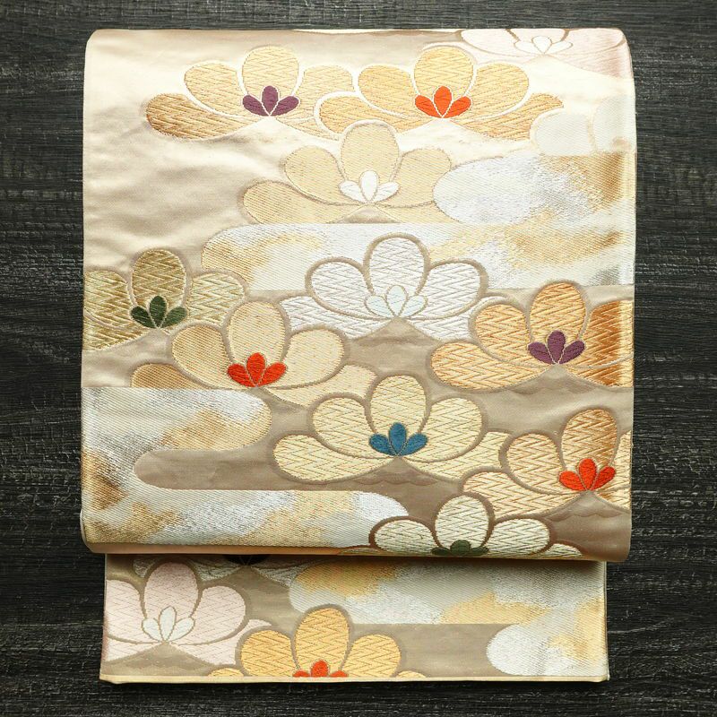 袋帯 服部織物 六通柄 フォーマル用 正絹 木の葉・植物柄 箔 金糸 帯 