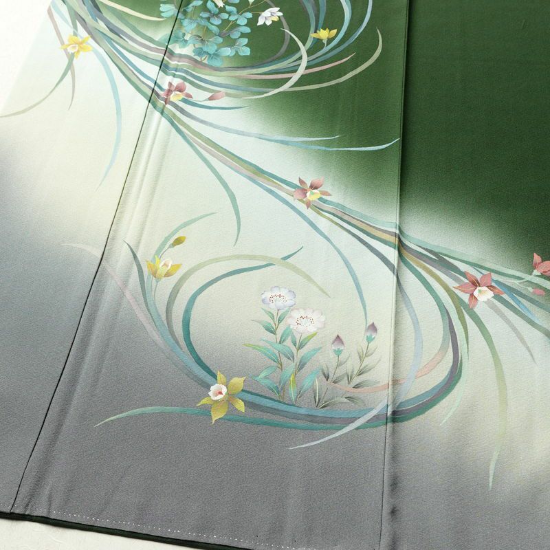 訪問着 良品 落款入り 手描き縮緬 一つ紋付き 正絹 花柄 袷仕立て 身丈160.5cm 裄丈67cm フォーマル 着物 緑・うぐいす色_画像4