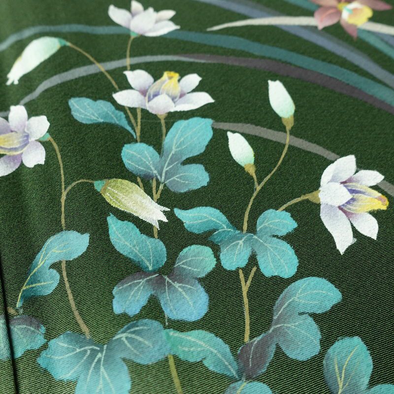 訪問着 良品 落款入り 手描き縮緬 一つ紋付き 正絹 花柄 袷仕立て 身丈160.5cm 裄丈67cm フォーマル 着物 緑・うぐいす色_画像6