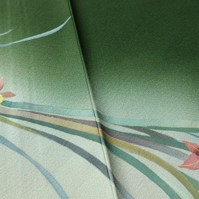 訪問着 良品 落款入り 手描き縮緬 一つ紋付き 正絹 花柄 袷仕立て 身丈160.5cm 裄丈67cm フォーマル 着物 緑・うぐいす色_画像10