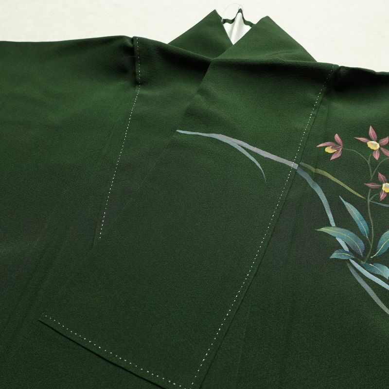 訪問着 良品 落款入り 手描き縮緬 一つ紋付き 正絹 花柄 袷仕立て 身丈160.5cm 裄丈67cm フォーマル 着物 緑・うぐいす色_画像16