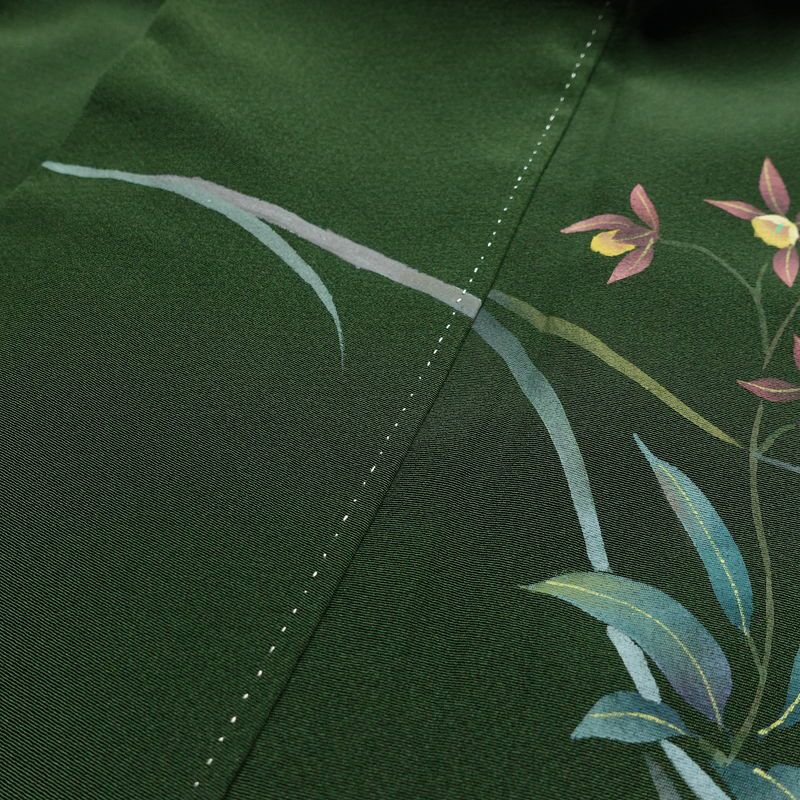 訪問着 良品 落款入り 手描き縮緬 一つ紋付き 正絹 花柄 袷仕立て 身丈160.5cm 裄丈67cm フォーマル 着物 緑・うぐいす色_画像17