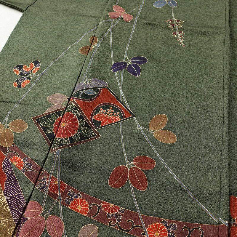 訪問着 正絹 古典柄 袷仕立て 身丈159cm 裄丈65cm 箔 金彩 フォーマル 着物 萩 菊 緑・うぐいす色_画像5