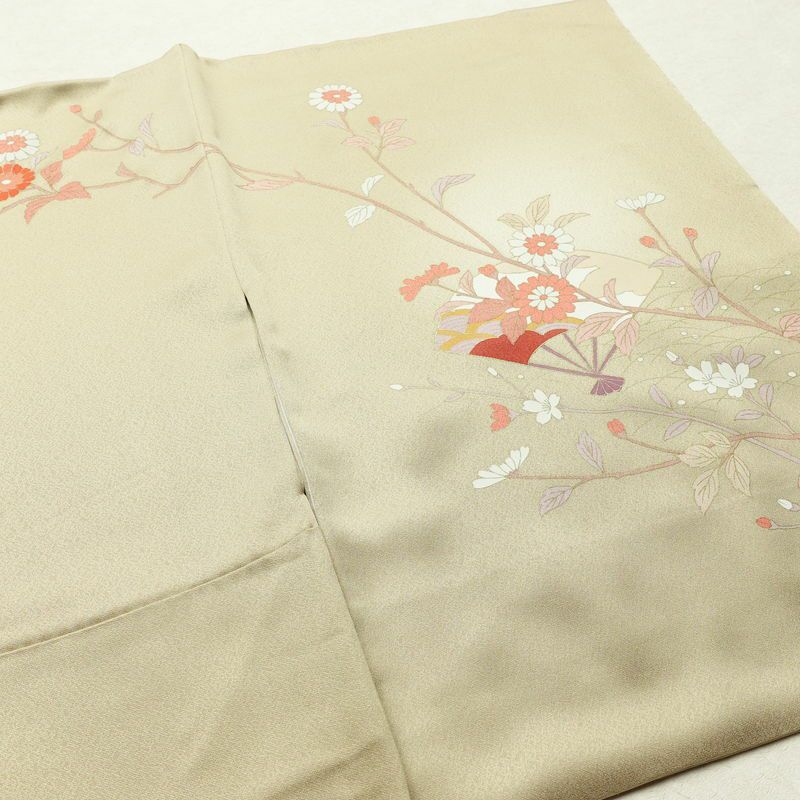 訪問着 良品 一つ紋付き 正絹 木の葉・植物柄 袷仕立て 身丈156.5cm 裄丈64.5cm 金彩 フォーマル 着物 扇子 ベージュ_画像16