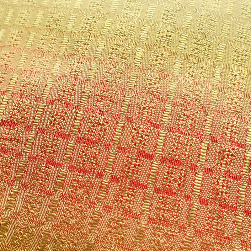 名古屋帯 全通柄 良品 正絹 チェック・格子柄 名古屋仕立て 帯 黄・黄土色_画像3