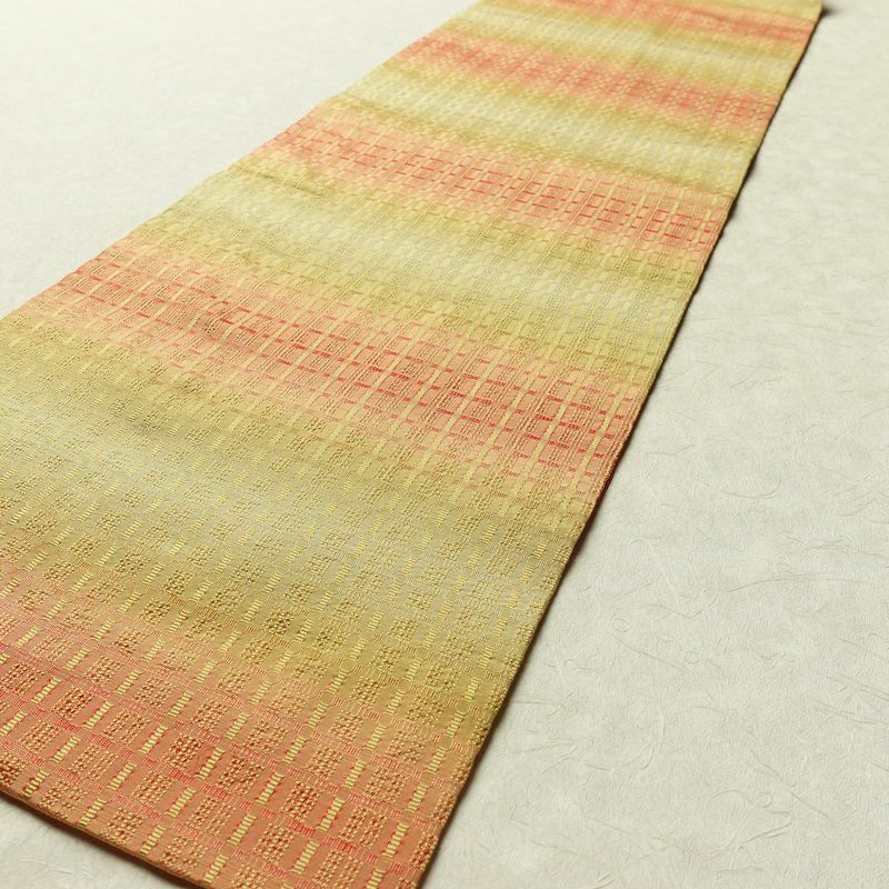 名古屋帯 全通柄 良品 正絹 チェック・格子柄 名古屋仕立て 帯 黄・黄土色_画像8