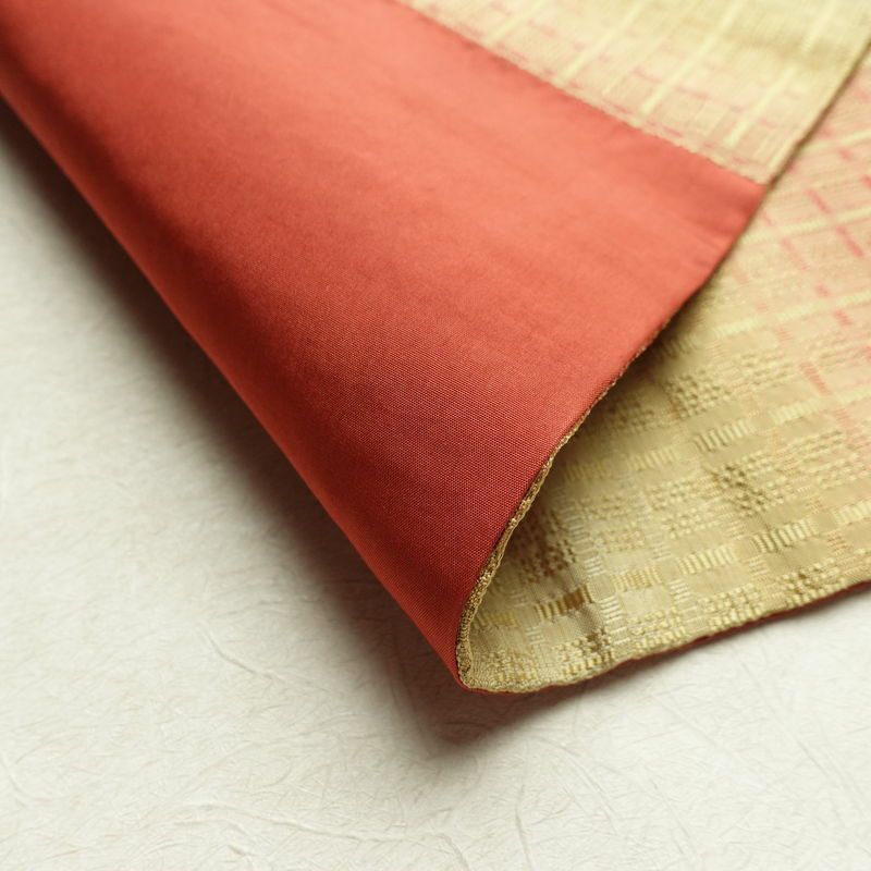 名古屋帯 全通柄 良品 正絹 チェック・格子柄 名古屋仕立て 帯 黄・黄土色_画像10