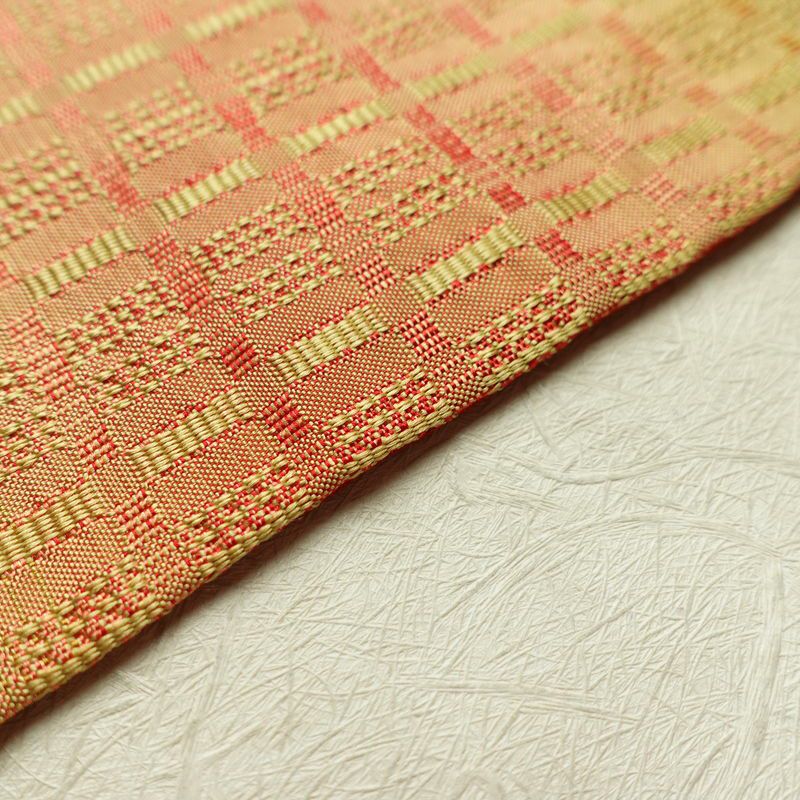 名古屋帯 全通柄 良品 正絹 チェック・格子柄 名古屋仕立て 帯 黄・黄土色_画像12