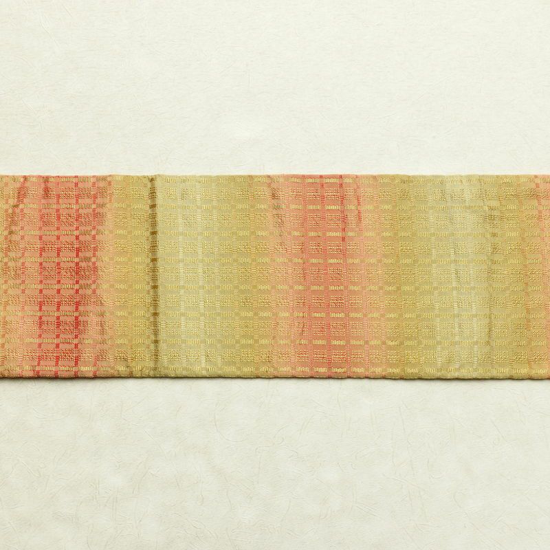 名古屋帯 全通柄 良品 正絹 チェック・格子柄 名古屋仕立て 帯 黄・黄土色_画像13