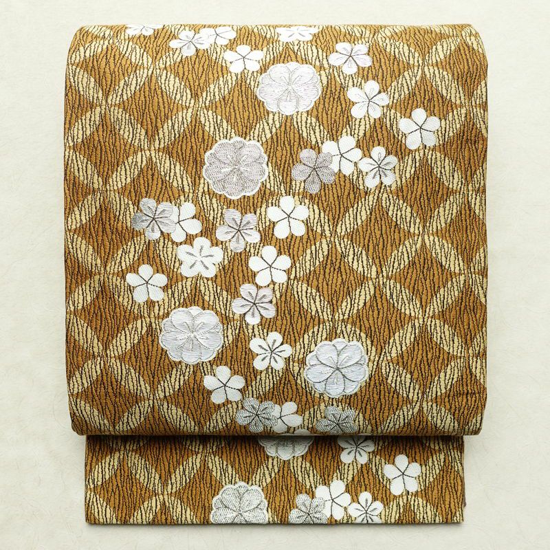 袋帯 全通柄 良品 フォーマル用 正絹 花柄 七宝 銀糸 帯 黄・黄土色  