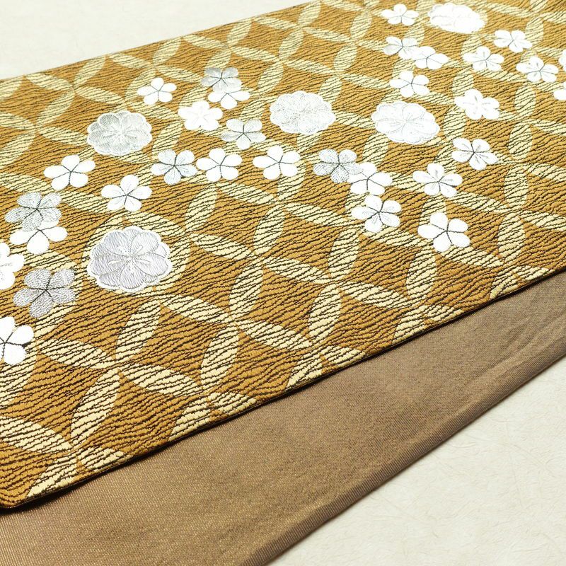 袋帯 全通柄 良品 フォーマル用 正絹 花柄 七宝 銀糸 帯 黄・黄土色_画像11