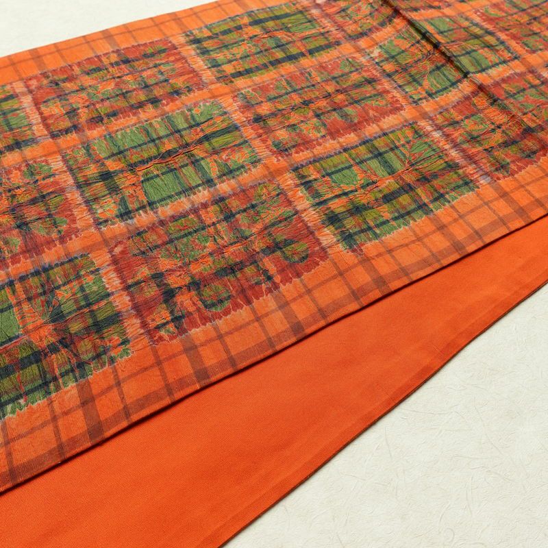 袋帯 六通柄 絞り 一般用 正絹 チェック・格子柄 帯 橙_画像12