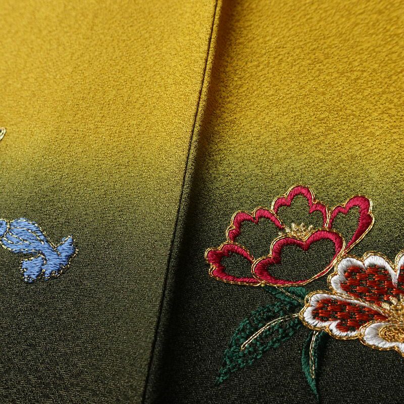 振袖 良品 御所車 金駒刺繍 正絹 古典柄 袷仕立て 身丈177.5cm 裄丈73.5cm 刺繍 金糸 着物 桜 黄・黄土色_画像13