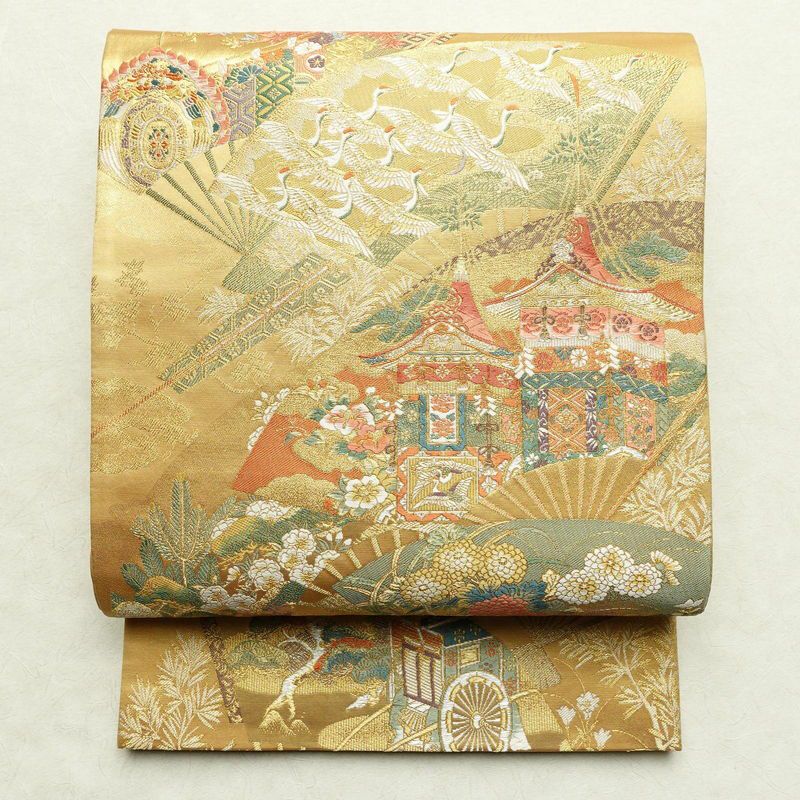 JA】豪華 黒地に金銀鳳凰牡丹文様 正絹 六通 袋帯