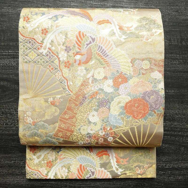 袋帯 本金二重箔 扇面花鳥 文六通柄 良品 フォーマル用 正絹
