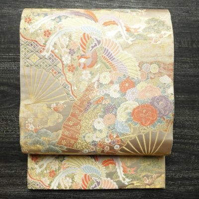 袋帯 本金二重箔 扇面花鳥 文六通柄 良品 フォーマル用 正絹 古典柄 箔 金糸 帯 金・銀