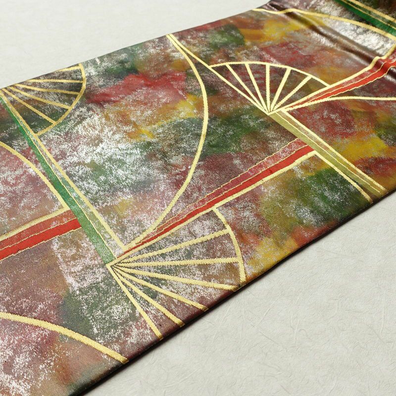 名古屋帯 六通柄 正絹 古典柄 名古屋仕立て 箔 金糸 帯 扇子 多色使い_画像11