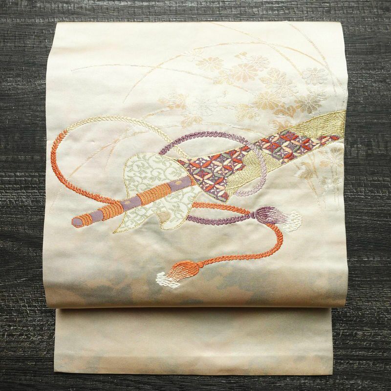 名古屋帯 太鼓柄 正絹 古典柄 名古屋仕立て 箔 刺繍 金糸 帯 ベージュ | 太鼓柄 古着着物、リサイクル着物、アンティーク着物の錦屋