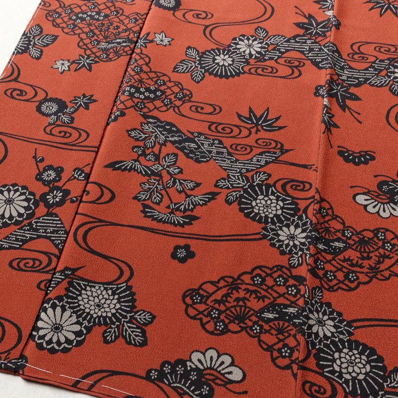 小紋 良品 しつけ糸付き 縮緬 総柄 正絹 古典柄 袷仕立て 身丈169.5cm 裄丈68cm 着物 赤・朱_画像4