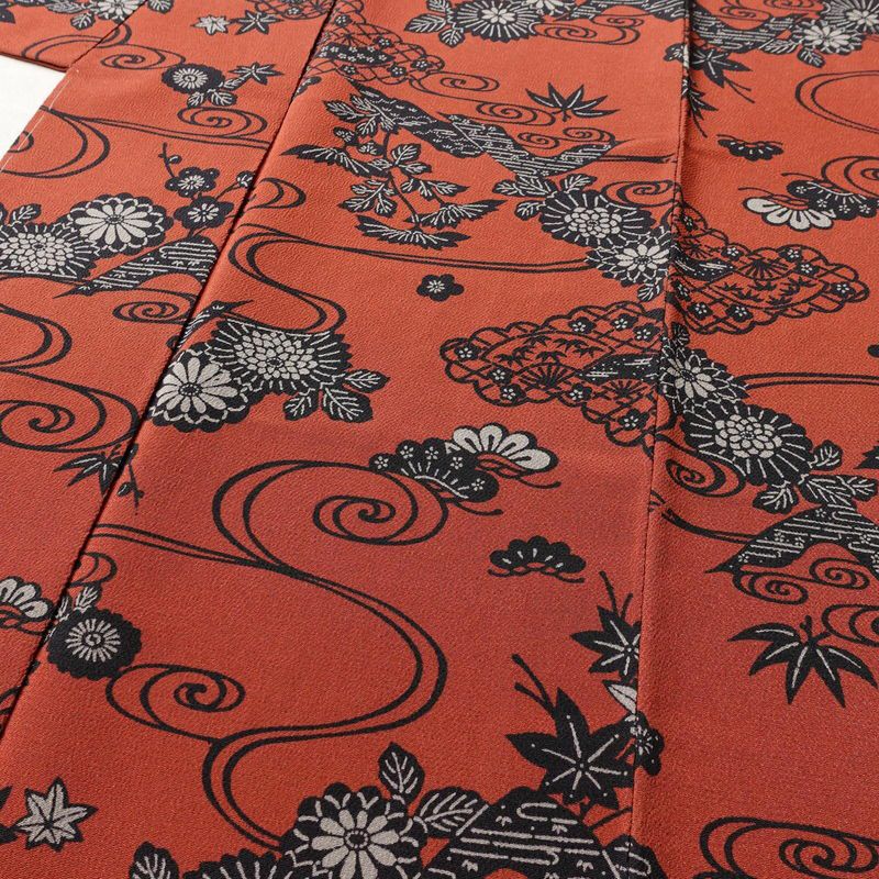 小紋 良品 しつけ糸付き 縮緬 総柄 正絹 古典柄 袷仕立て 身丈169.5cm 裄丈68cm 着物 赤・朱_画像5