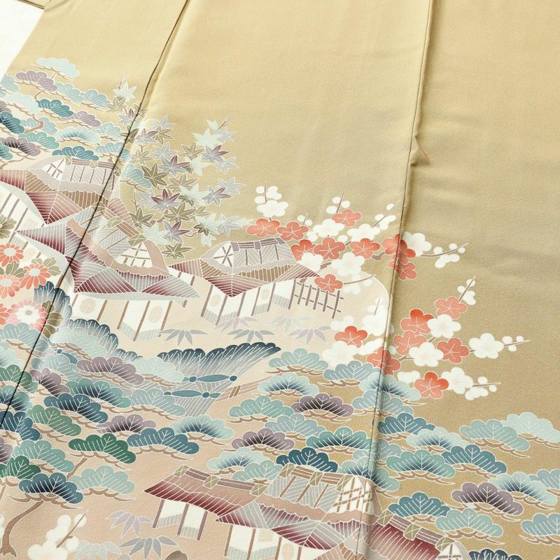 色留袖 作家物 落款入り 縮緬 一つ紋付き 正絹 風景柄 袷仕立て 身丈161.5cm 裄丈66.5cm 共八掛 フォーマル 着物 黄・黄土色_画像5