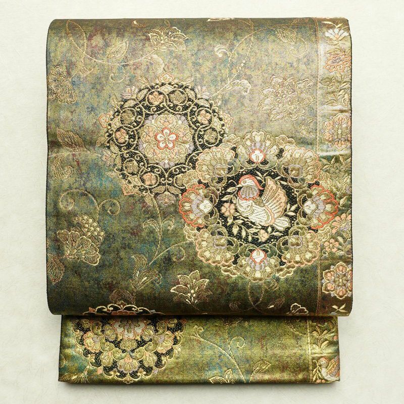金色の袋帯幾何学取り切嵌更紗花文