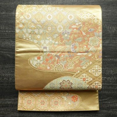 正絹袋帯　六通　フォーマル　金糸　金色 袋帯 六通柄 良品 フォーマル用 正絹 花柄 箔 金糸 帯 金・銀