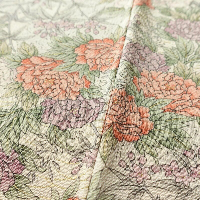 小紋 しつけ糸付き 縮緬 正絹 花柄 袷仕立て 身丈154.5cm 裄丈66cm 金彩 着物 ベージュ_画像9