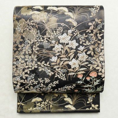 袋帯 六通柄 良品 フォーマル用 正絹 木の葉・植物柄 箔 金糸 帯 紫・藤色