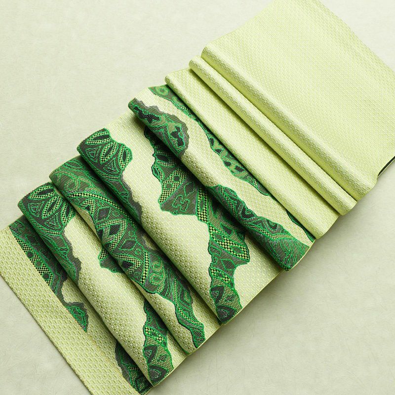 名古屋帯 六通柄 良品 正絹 幾何学柄・抽象柄 通し仕立て 帯 緑・うぐいす色_画像20