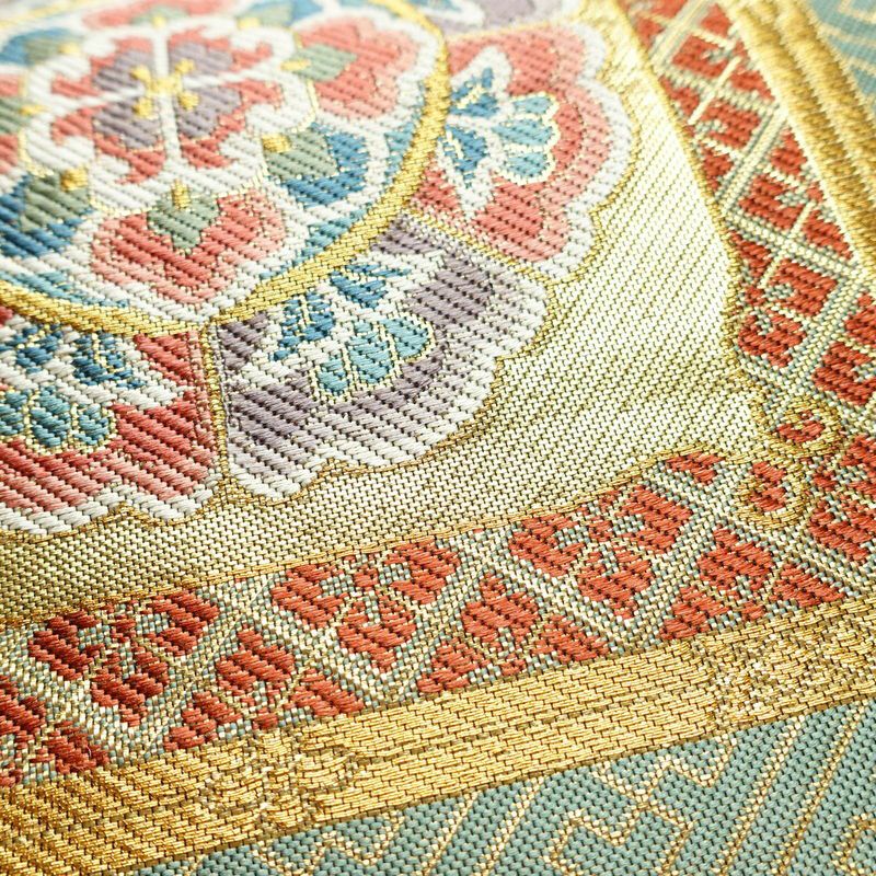 袋帯 本金箔 六通柄 良品 フォーマル用 正絹 幾何学柄・抽象柄 箔 金糸 帯 緑・うぐいす色_画像6