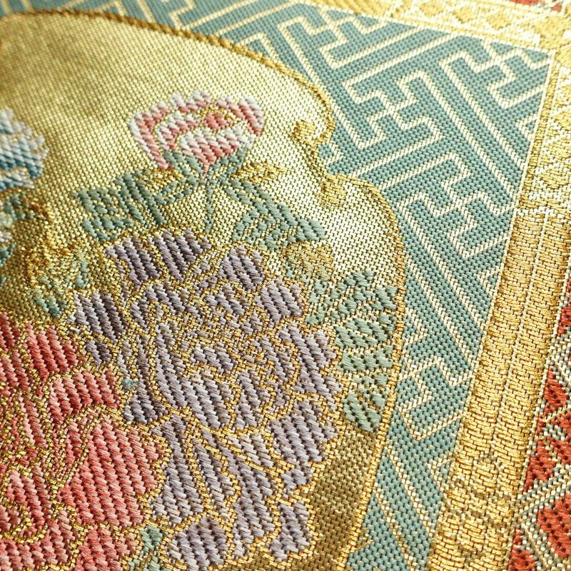 袋帯 本金箔 六通柄 良品 フォーマル用 正絹 幾何学柄・抽象柄 箔 金糸 帯 緑・うぐいす色_画像7