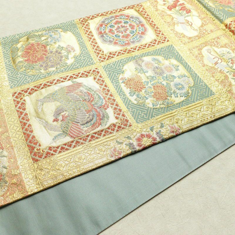 袋帯 本金箔 六通柄 良品 フォーマル用 正絹 幾何学柄・抽象柄 箔 金糸 帯 緑・うぐいす色_画像11