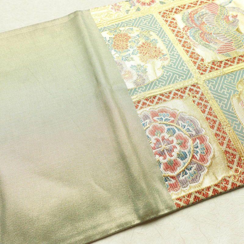 袋帯 本金箔 六通柄 良品 フォーマル用 正絹 幾何学柄・抽象柄 箔 金糸 帯 緑・うぐいす色_画像16