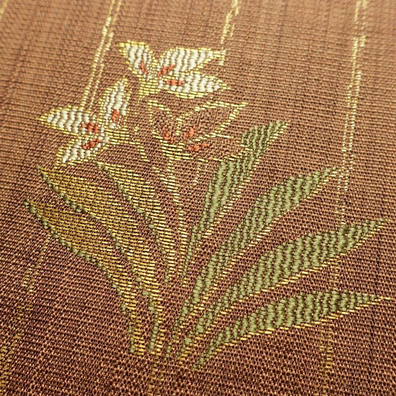 袋帯 六通柄 フォーマル用 正絹 木の葉・植物柄 金糸 帯 茶_画像3