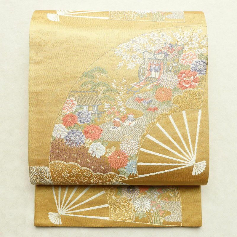 絹 丸帯 アンティーク 日本刺繍 孔雀 鳥 更紗 見づらかっ 百合 六通柄 