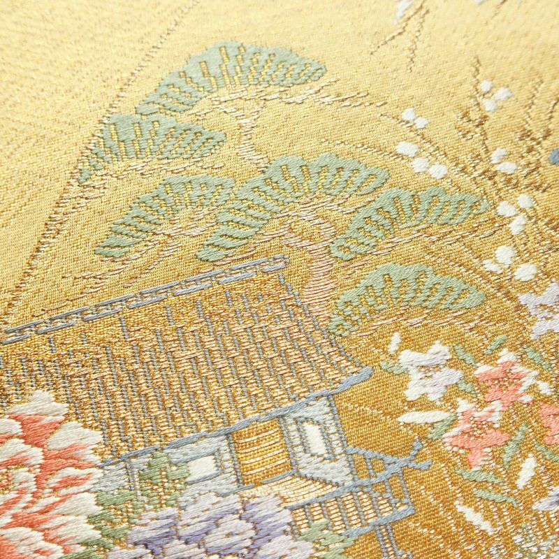 袋帯 本金二重箔 重ね扇花鳥文 六通柄 フォーマル用 正絹 古典柄 金通し 金糸 帯 黄・黄土色_画像5