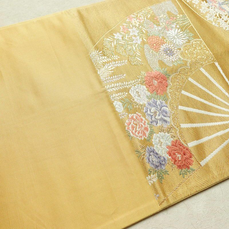 袋帯 本金二重箔 重ね扇花鳥文 六通柄 フォーマル用 正絹 古典柄 金通し 金糸 帯 黄・黄土色_画像16