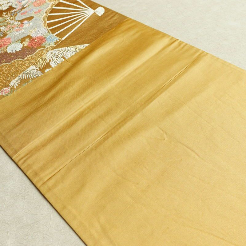 袋帯 本金二重箔 重ね扇花鳥文 六通柄 フォーマル用 正絹 古典柄 金通し 金糸 帯 黄・黄土色_画像17