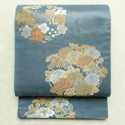 袋帯 六通柄 良品 フォーマル用 正絹 花柄 箔 金糸 帯 青・紺