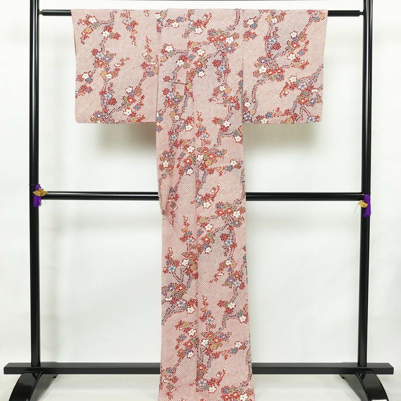 小紋 縮緬 正絹 花柄 袷仕立て 身丈164.5cm 裄丈67.5cm 金彩 着物 赤・朱_画像2