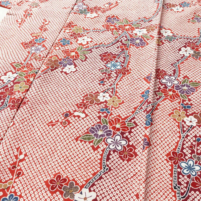 小紋 縮緬 正絹 花柄 袷仕立て 身丈164.5cm 裄丈67.5cm 金彩 着物 赤・朱_画像5