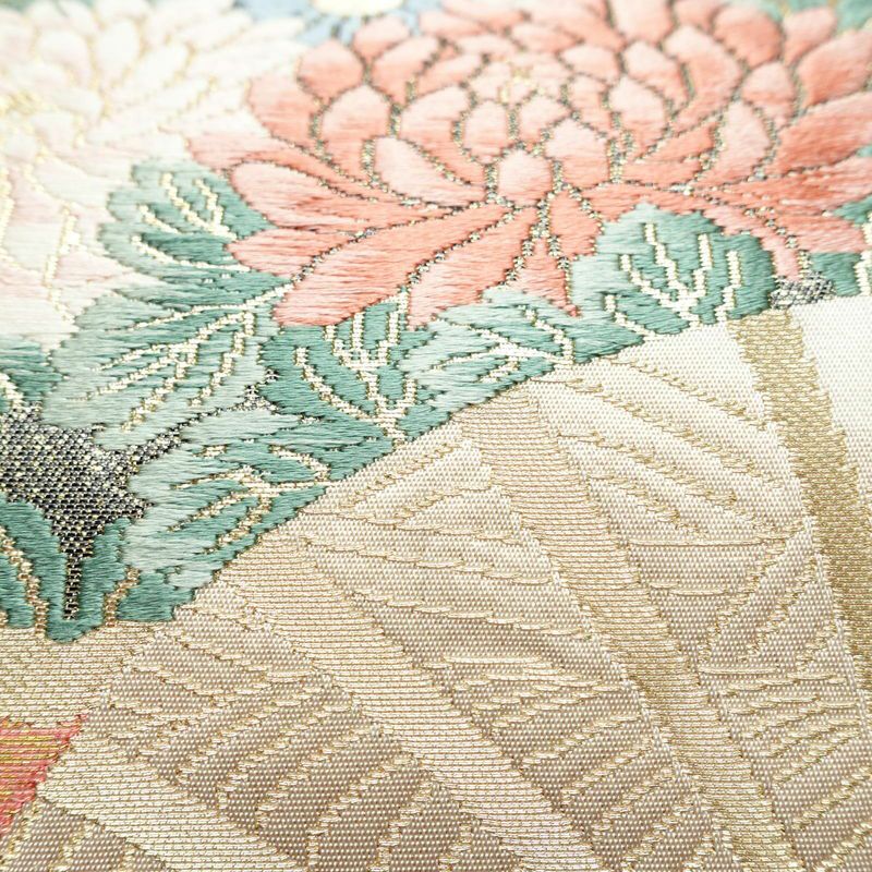 袋帯 六通柄 フォーマル用 正絹 古典柄 箔 金糸 扇子 帯 クリーム_画像5