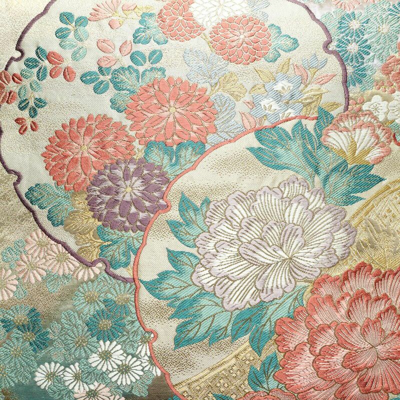 袋帯 六通柄 フォーマル用 正絹 花柄 箔 金糸 雪輪 菊 紅葉 帯 ベージュ_画像2
