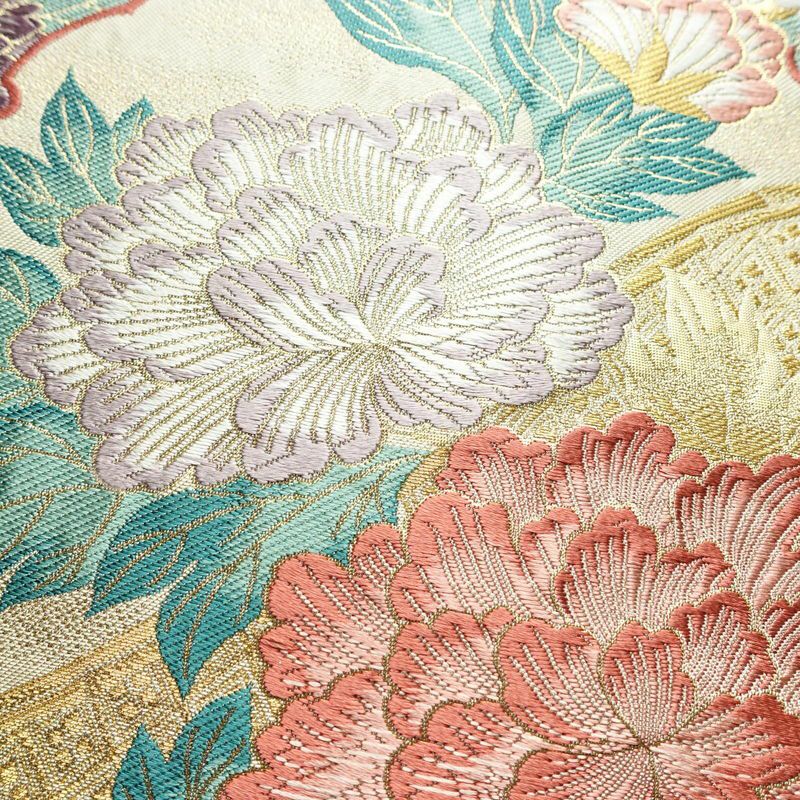 袋帯 六通柄 フォーマル用 正絹 花柄 箔 金糸 雪輪 菊 紅葉 帯 ベージュ_画像3